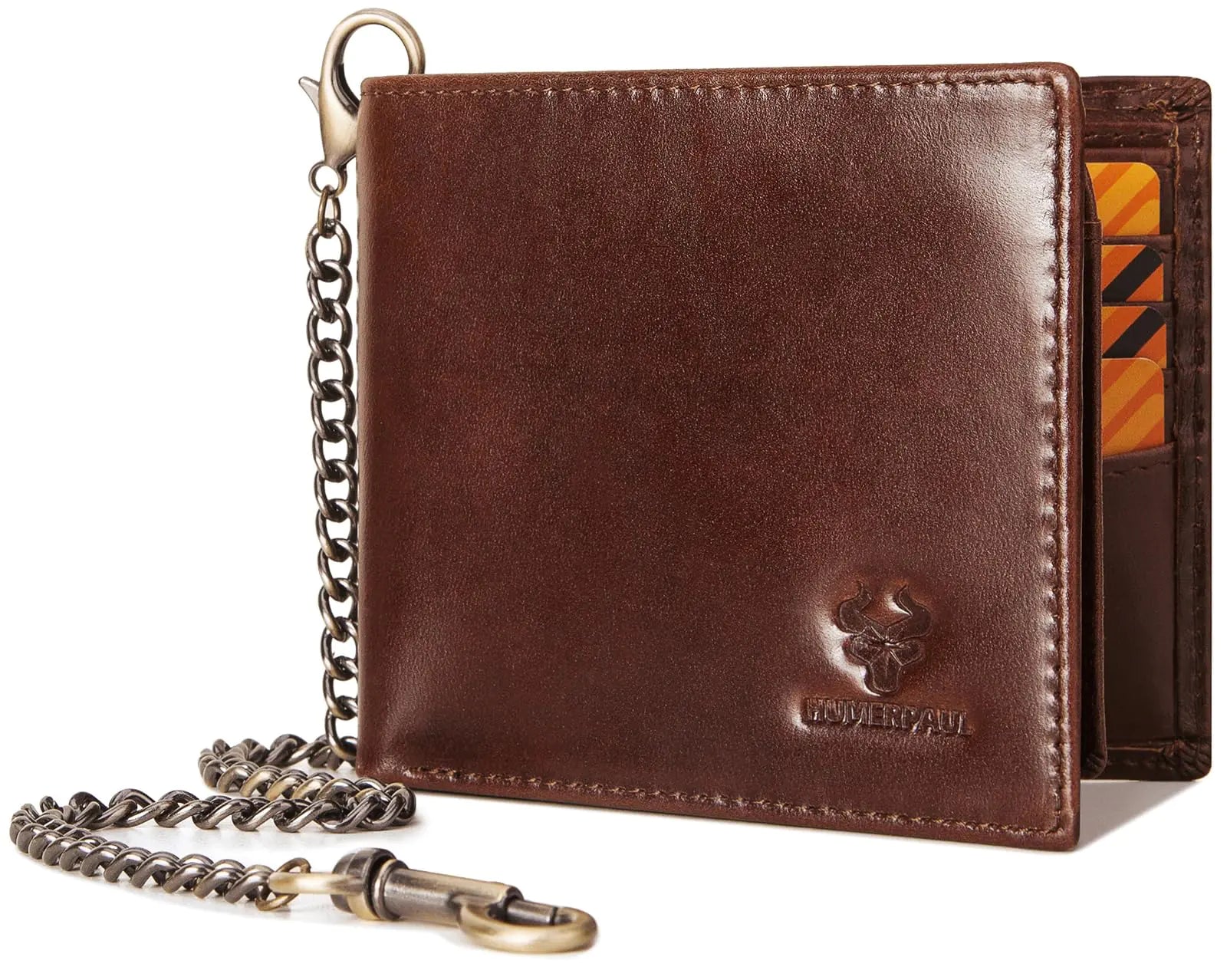 Coffee Leather Bifold Chain Wallet