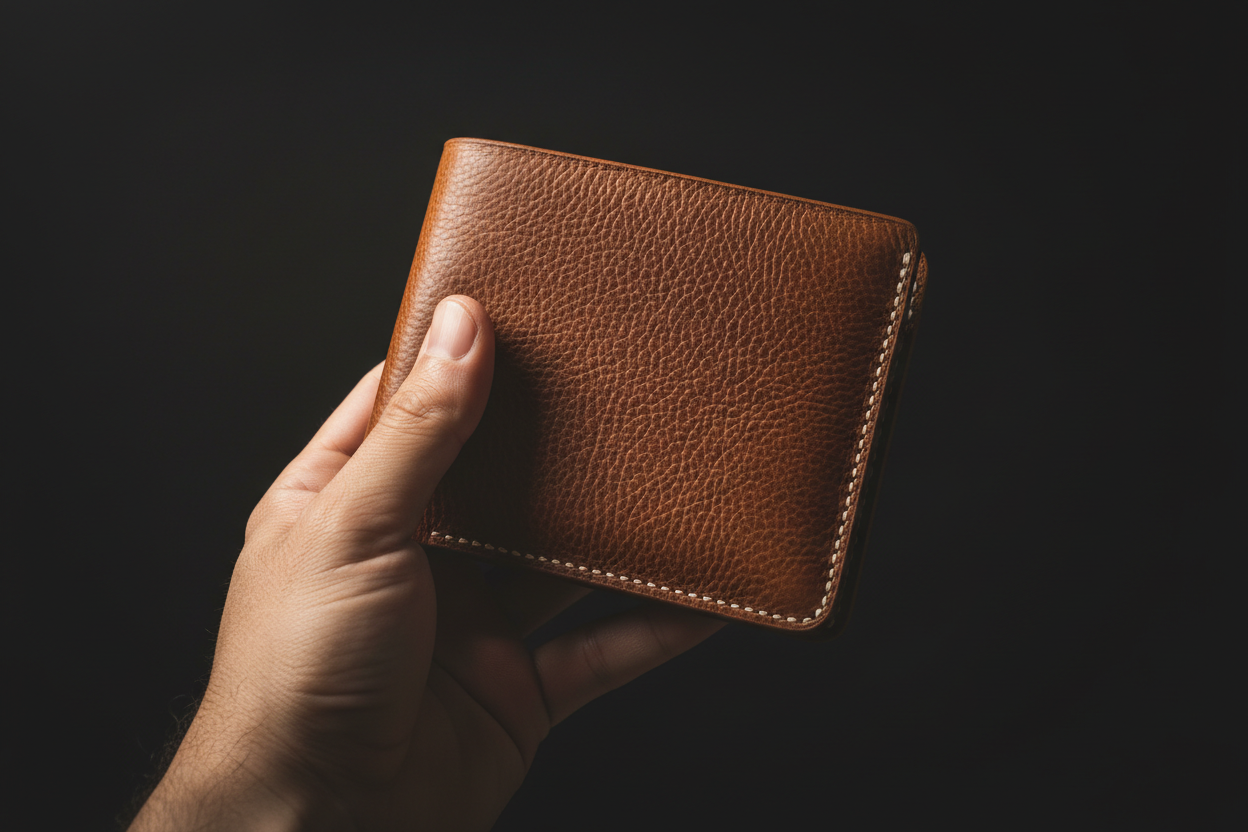 A shot of a mans hand holding a nice brown leather wallet with a dark background