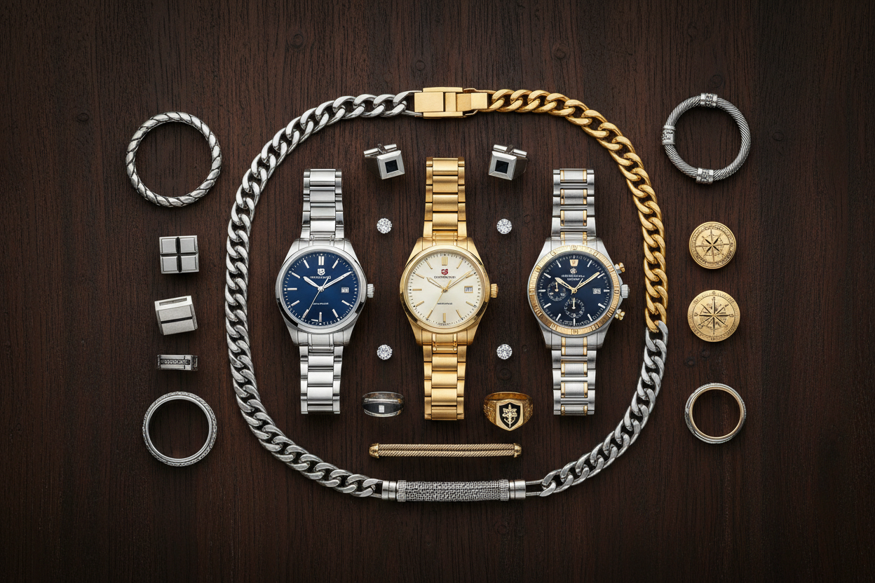 Mens Silver and Gold Jewelry and Watches laid on a nice dark oak 